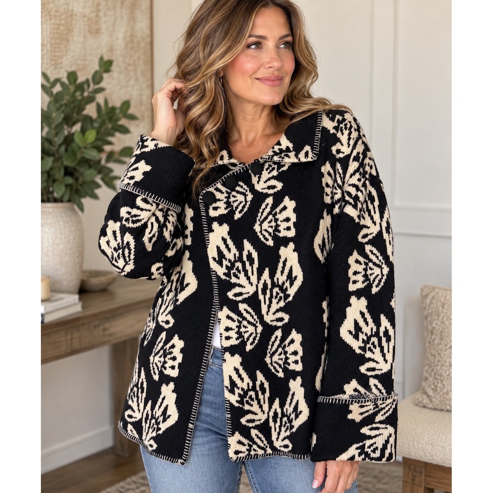 Tru Luxe Jeans Black Cream Jacquard Knit Button Jacket Sweater Coat L